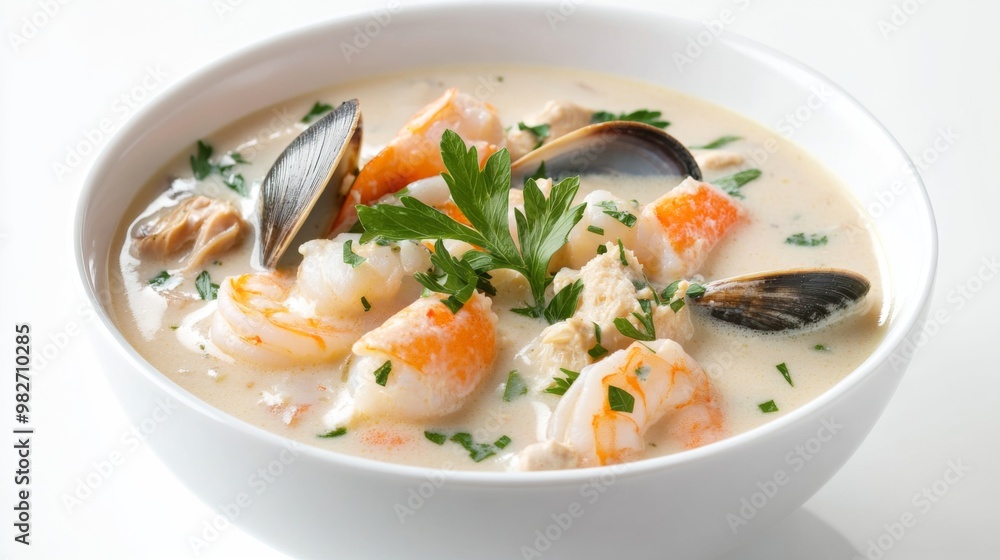 A bowl of creamy seafood chowder with clams, shrimp, and fish chunks, garnished with fresh parsley, set against a pristine white background. A bowl of creamy seafood chowder with clams, shrimp, and fish chunks, garnished with fresh parsley, set against a pristine white background.