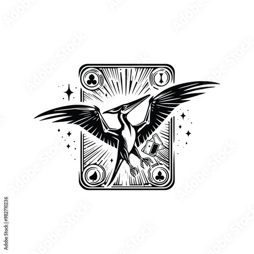 Pteranodon with tarot card decoration in black and white illustrations, cutout graphic