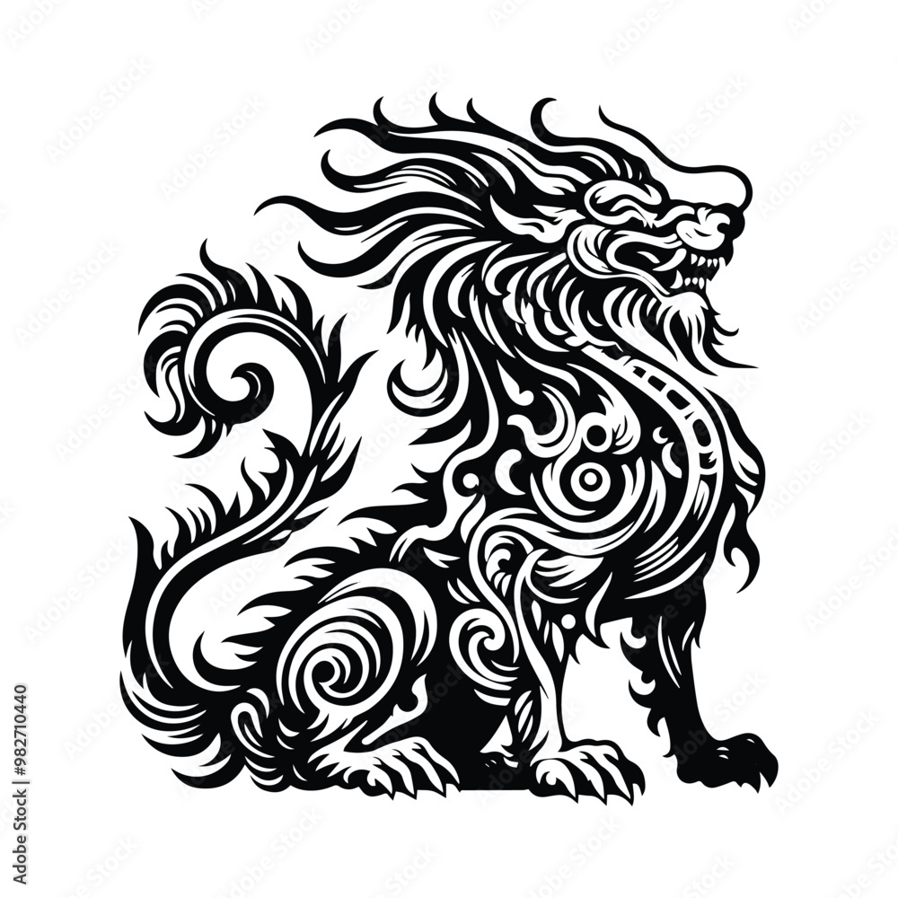 Qilin with tarot card in black and white illustrations, cutout graphic Qilin with tarot card in black and white illustrations, cutout graphic