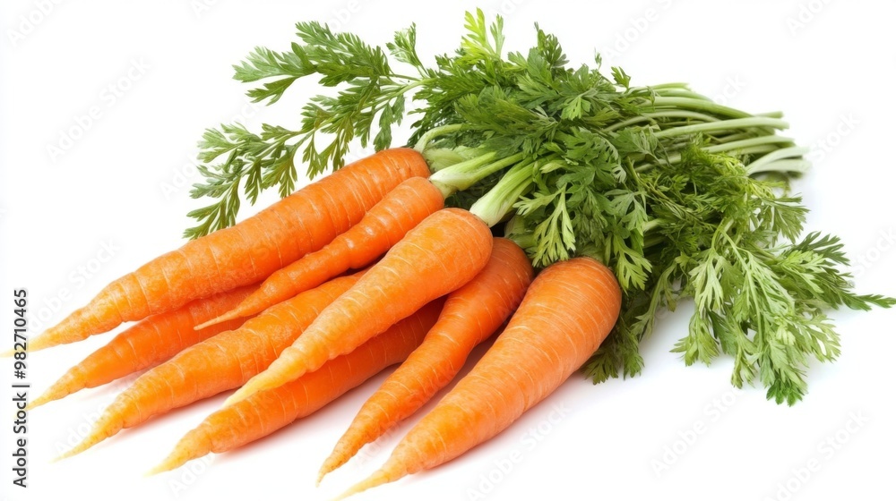 A bunch of fresh carrots with their green tops still attached, neatly arranged on a white background, highlighting their vibrant orange color. A bunch of fresh carrots with their green tops still attached, neatly arranged on a white background, highlighting their vibrant orange color.