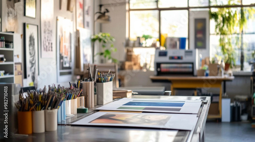 Independent printing business with a printing machine running in the background, bright space with posters and custom prints on display photo