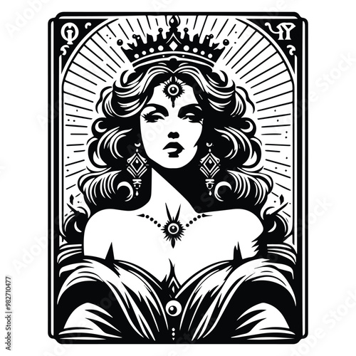 queen with tarot card decoration in black and white illustrations, cutout graphic