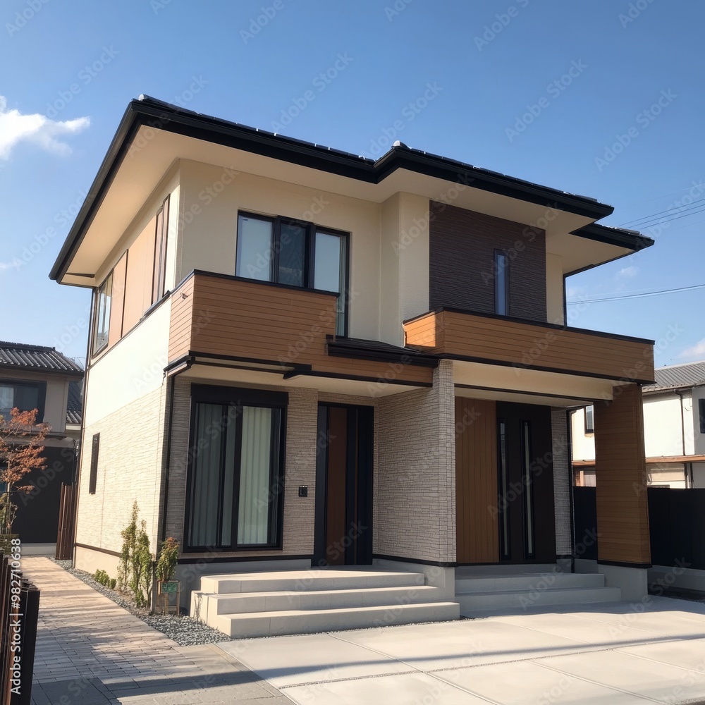 Modern two-story house with elegant design showcasing clean lines, large windows, and a welcoming entrance on a sunny day. Modern two-story house with elegant design showcasing clean lines, large windows, and a welcoming entrance on a sunny day.