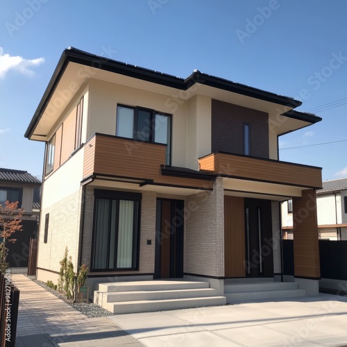 Modern two-story house with elegant design showcasing clean lines, large windows, and a welcoming entrance on a sunny day.