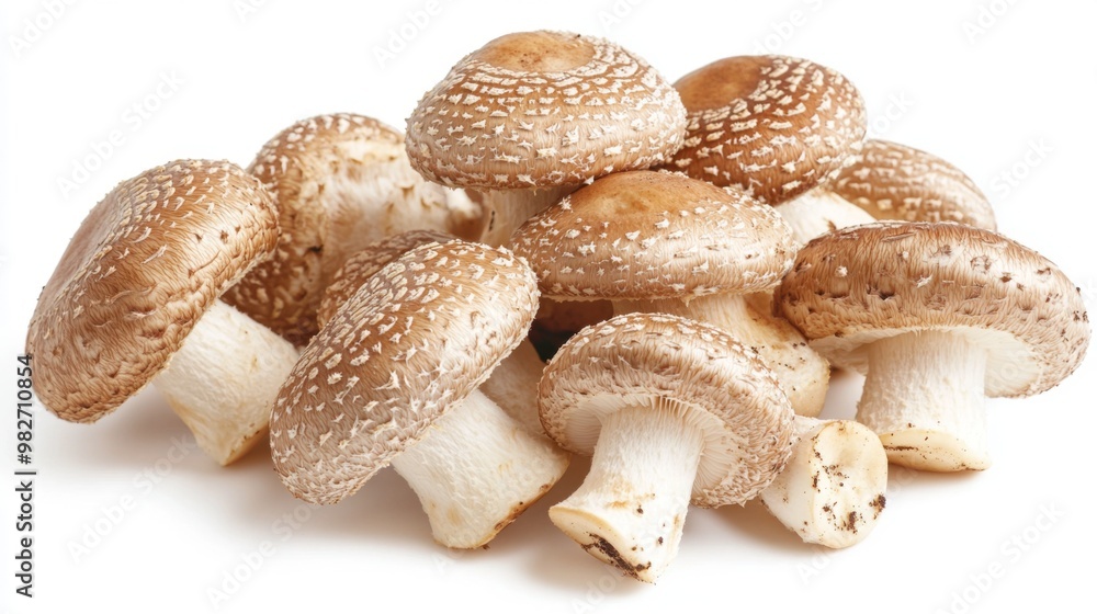 A bunch of shiitake mushrooms displayed on a minimalist white background, with soft shadows adding depth and dimension to their natural form. A bunch of shiitake mushrooms displayed on a minimalist white background, with soft shadows adding depth and dimension to their natural form.