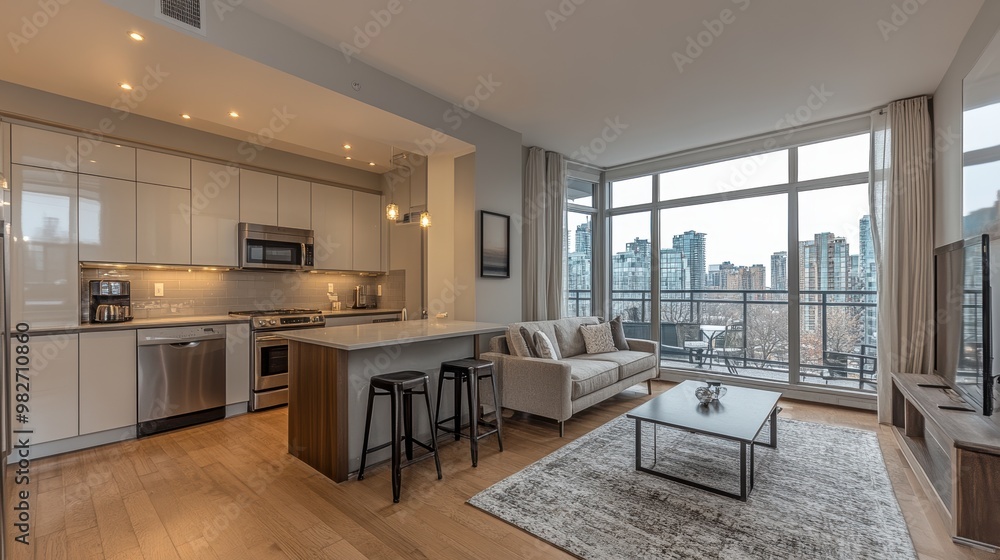 Spacious modern open-plan apartment with a contemporary kitchen, comfortable living area, and large windows offering a stunning cityscape view Spacious modern open-plan apartment with a contemporary kitchen, comfortable living area, and large windows offering a stunning cityscape view