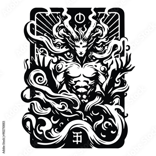 Raijin with tarot card in black and white illustrations, cutout graphic