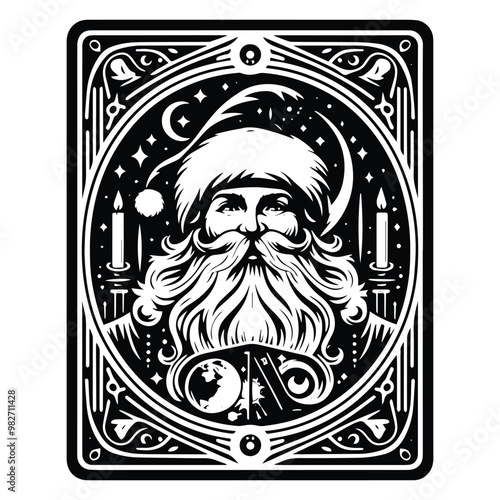 santaclaus with tarot card in black and white illustrations, cutout graphic black and white illustration