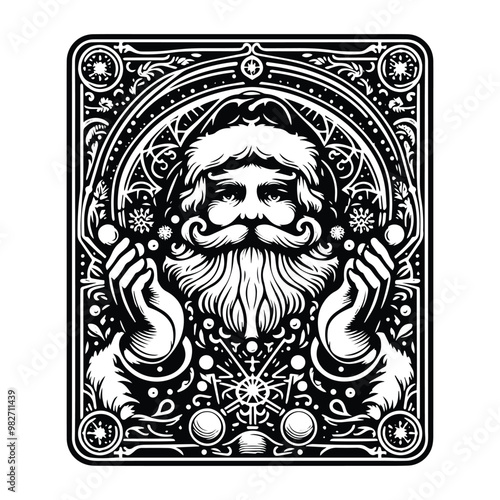 santaclaus with tarot card in black and white illustrations, cutout graphic black and white illustration