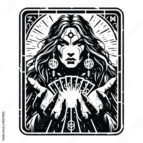 shaman female with tarot card in black and white illustrations, cutout graphic black and white illustration