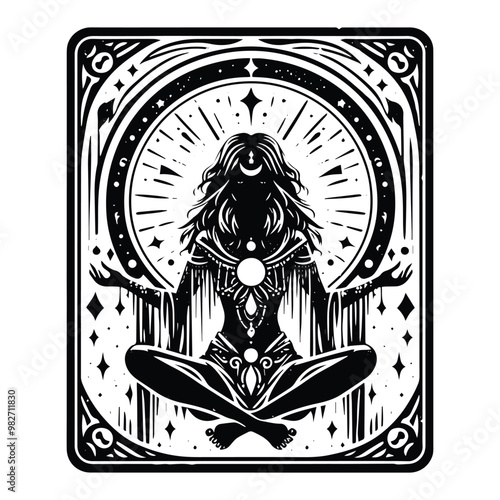 shaman female with tarot card in black and white illustrations, cutout graphic