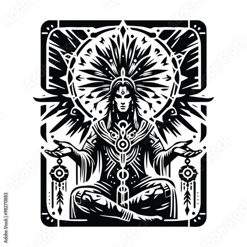 shaman male with tarot card in black and white illustrations, cutout graphic