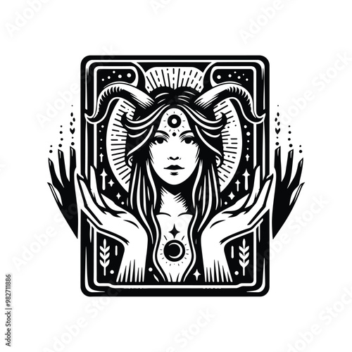 shaman female with tarot card in black and white illustrations, cutout graphic black and white illustration