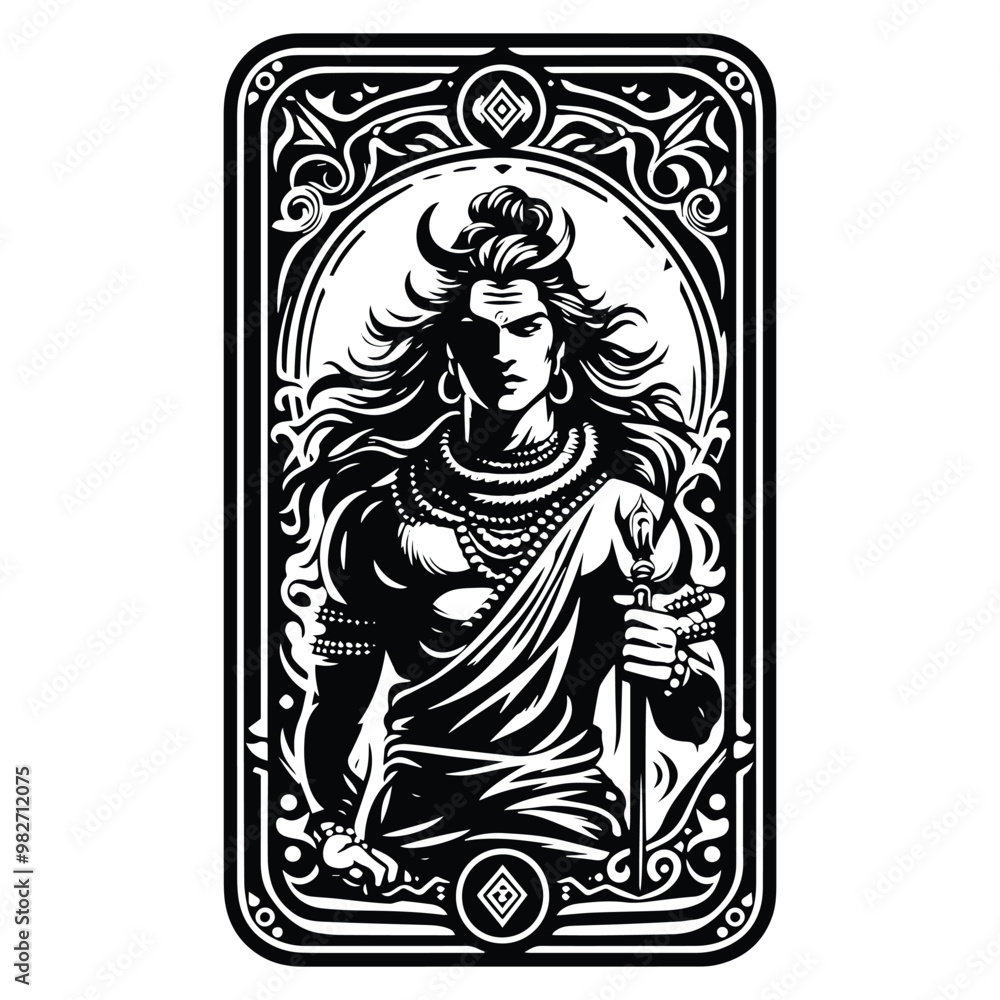 Shiva hindu god with tarot card in black and white illustrations, cutout graphic Shiva hindu god with tarot card in black and white illustrations, cutout graphic