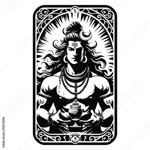 Shiva hindu god with tarot card in black and white illustrations, cutout graphic