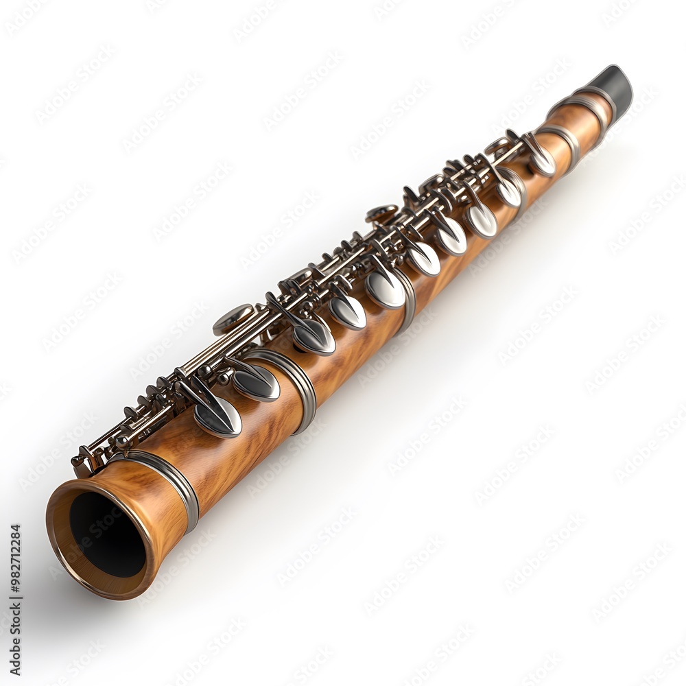 Naklejka premium Vivid, ultra-realistic photograph of a clarinet, capturing its intricate keywork and glossy black body