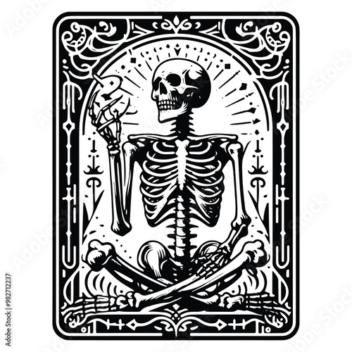 skelleton with tarot card in black and white illustrations, cutout graphic