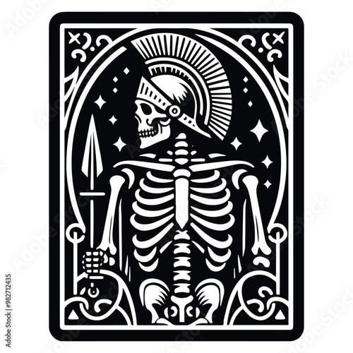 sparta skeleton with tarot card decoration in black and white illustrations, cutout graphic