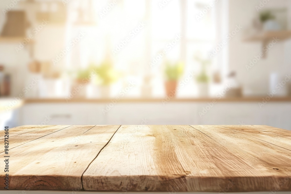 Beige Empty wooden table with the bright white interior of the kitchen as a blurred background behind the bokeh golden sunshine , ai Beige Empty wooden table with the bright white interior of the kitchen as a blurred background behind the bokeh golden sunshine , ai