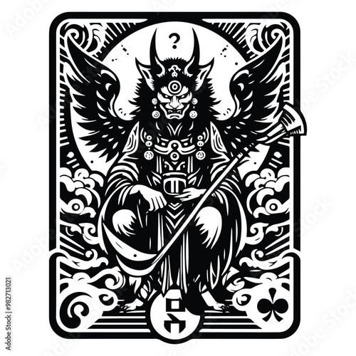 Tengu with tarot card decoration in black and white illustrations, cutout graphic