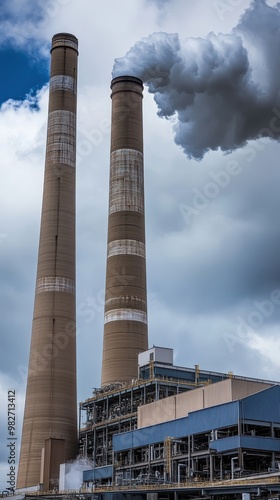 Large Industrial Power Station with Smokestacks, Cooling Towers, and High-Voltage Grids  photo