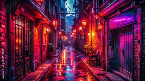 Vibrant neon signs illuminate a dimly lit alleyway, leading to a mysterious entrance with a tantalizing red glow, hinting at a seductive nightlife experience.