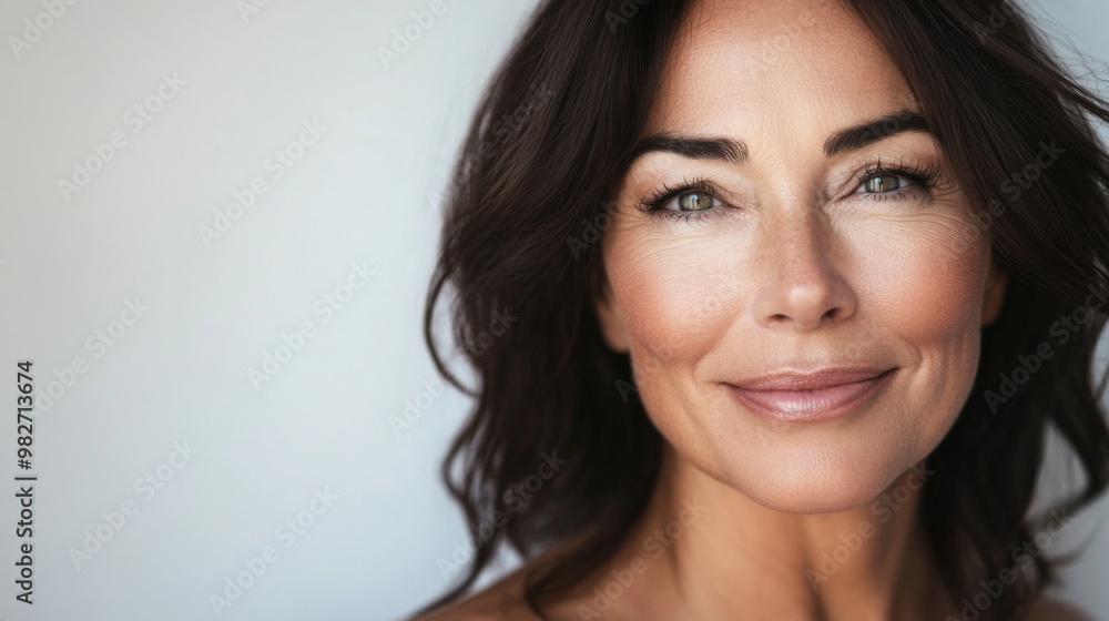 A close-up of a 50-year-old woman's face with glowing, healthy skin, smiling confidently, showing natural beauty and fine lines, set against a simple white background. A close-up of a 50-year-old woman's face with glowing, healthy skin, smiling confidently, showing natural beauty and fine lines, set against a simple white background.