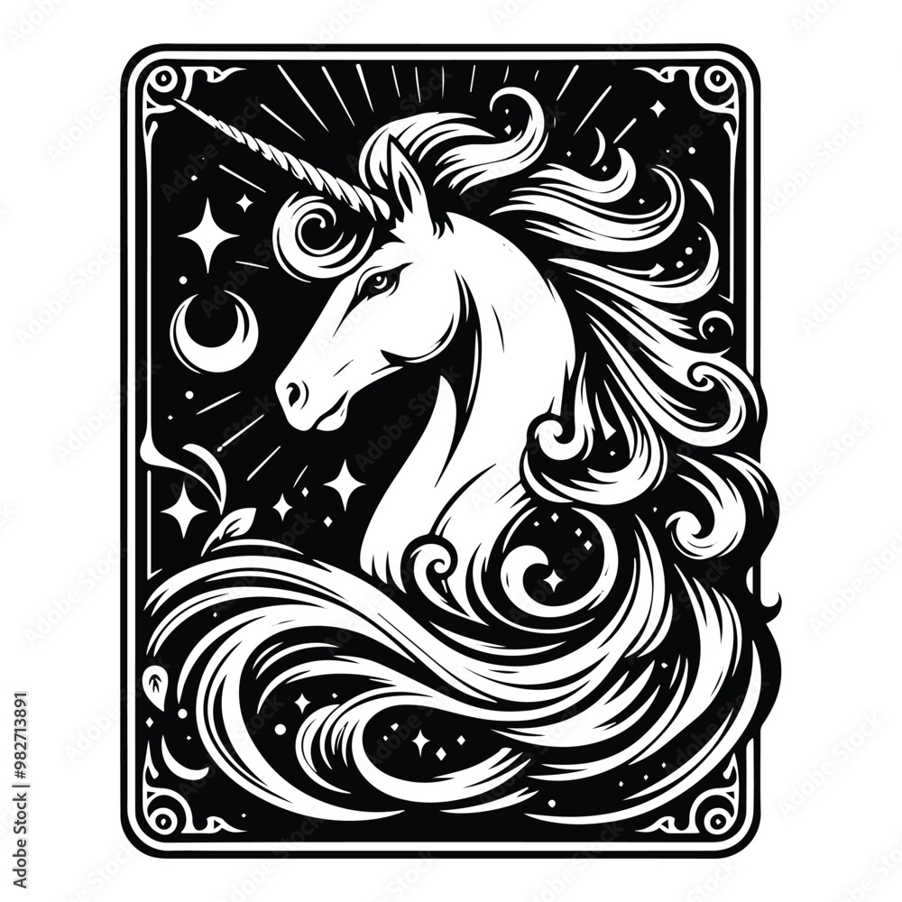 Obraz premium unicorn with tarot card in black and white illustrations, cutout graphic