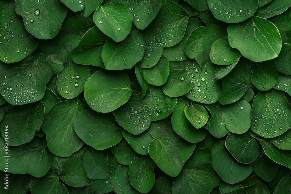 Obraz premium Close-up of green leaves with water droplets forming a dense natural pattern, conveying freshness and nature.