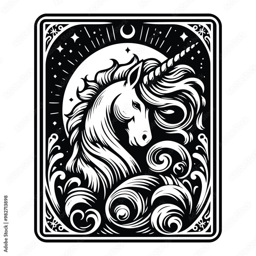 unicorn with tarot card decoration in black and white illustrations, cutout graphic unicorn with tarot card decoration in black and white illustrations, cutout graphic