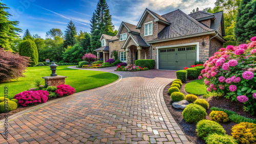 Beautifully landscaped residential driveway featuring interlocking pavers in a intricate pattern, surrounded by lush green grass and vibrant blooming flowers.