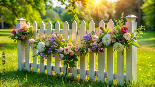 A white picket fence adorned with artificial flowers and greenery, surrounded by lush grass, adds a touch of rustic charm to a serene outdoor setting. photo