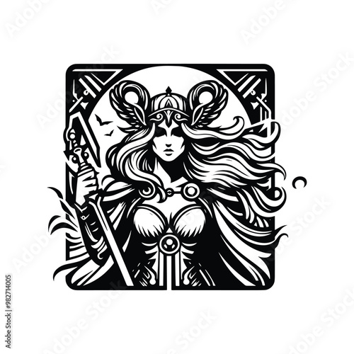 Valkyrie goddess with tarot card decoration in black and white illustrations, cutout graphic