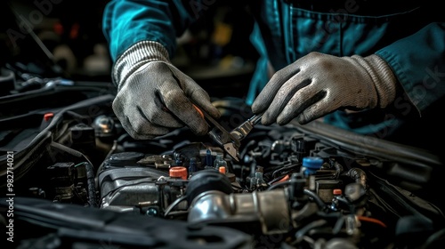 A mechanic wearing gloves inspecting a car engine closely, with tools and parts neatly arranged on the side.