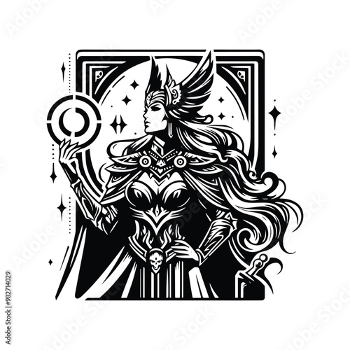 Valkyrie goddess with tarot card decoration in black and white illustrations, cutout graphic