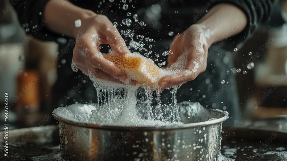 Fototapeta premium A persons hands scrubbing a metal pot with a sponge, soap bubbles and water splashing in a close-up.