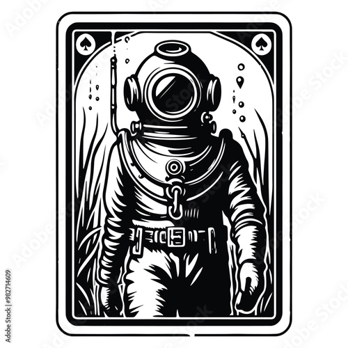 vintage diving suit with tarot card in black and white illustrations, cutout graphic