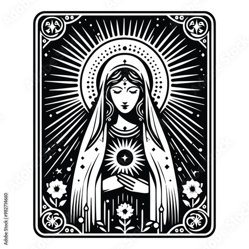 virgin marry with tarot card decoration in black and white illustrations, cutout graphic