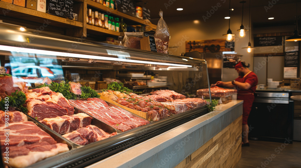 Local butcher shop with fresh cuts of meat displayed in a refrigerated counter, butcher preparing a customers order, traditional decor Local butcher shop with fresh cuts of meat displayed in a refrigerated counter, butcher preparing a customers order, traditional decor