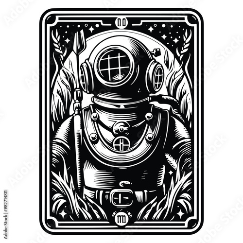 vintage diving suit with tarot card in black and white illustrations, cutout graphic