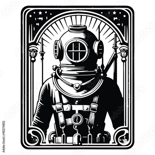 vintage diving suit with tarot card in black and white illustrations, cutout graphic