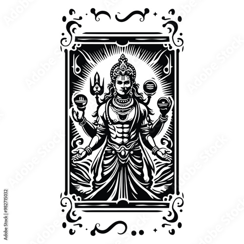 Vishnu hindu god with tarot card in black and white illustrations, cutout graphic