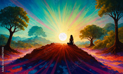 Silhouette of a woman sitting on a hill at sunset in the bosom of nature among trees and meadows. Meditation in nature, colorful artistic illustration photo