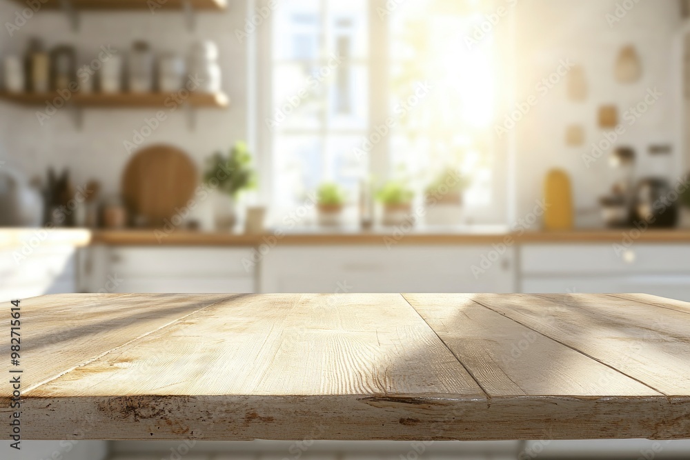 Beige Empty wooden table with the bright white interior of the kitchen as a blurred background behind the bokeh golden sunshine , ai Beige Empty wooden table with the bright white interior of the kitchen as a blurred background behind the bokeh golden sunshine , ai