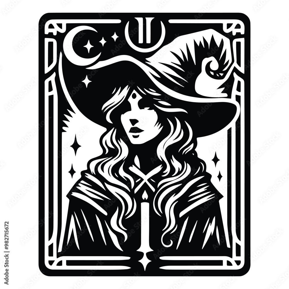 wizard female inside tarot card in black and white illustrations, cutout graphic wizard female inside tarot card in black and white illustrations, cutout graphic