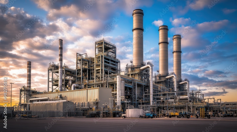 Large Industrial Power Station with Smokestacks, Cooling Towers, and High-Voltage Grids Large Industrial Power Station with Smokestacks, Cooling Towers, and High-Voltage Grids
