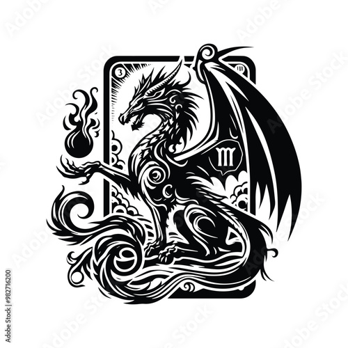 wyvern dragon with tarot card decoration in black and white illustrations, cutout graphic