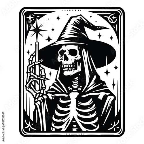 wizard skeleton with tarot card in black and white illustrations, cutout graphic