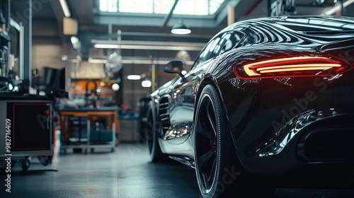 A sleek car being serviced by a professional mechanic, tools and diagnostic equipment visible in the background.