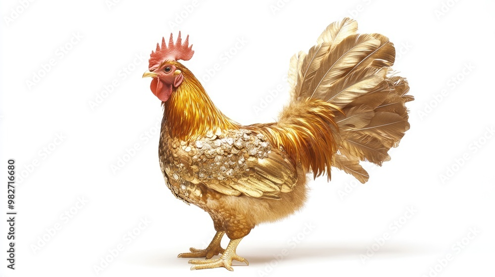 Fototapeta premium A majestic golden chicken with intricately designed feathers, exuding elegance and beauty on a clean white background